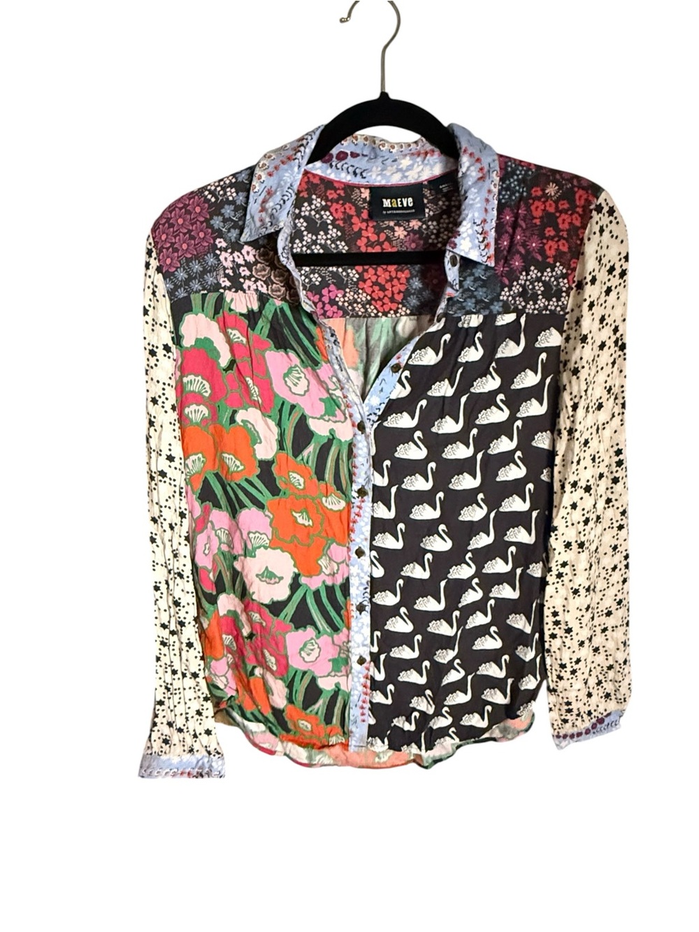 Anthropologie Maeve Paz Button Down Women Small Patchwork Mixed Print Boho - Picture 3 of 4